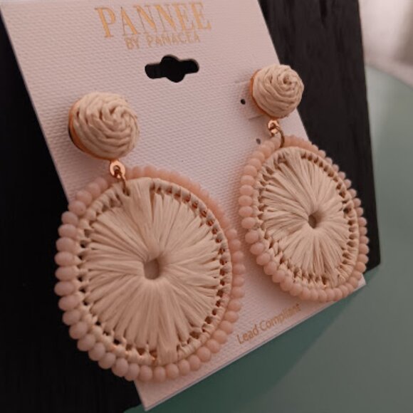 PANNEE By PANACEA Boho Chic Cream/Beige Rattan & Beaded Circle Drop Earrings~NEW - Picture 3 of 3